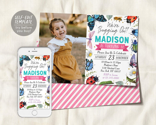 Bugs Insect Birthday Invitation With Photo Editable Template