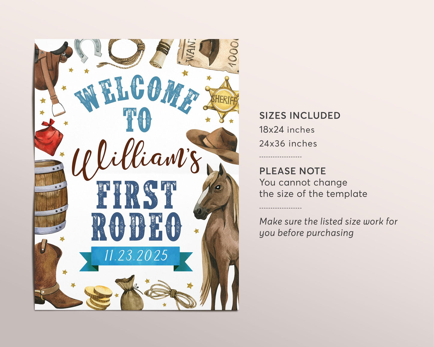 First Rodeo Birthday Welcome Sign Editable Template, Boy 2nd Third Rodeo Cowboy Hat Western Wild West Birthday Party Southwestern Poster