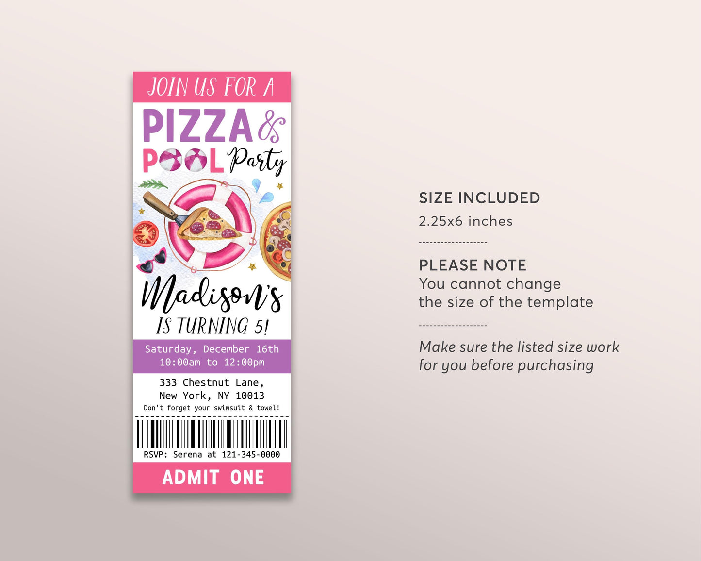 Pizza Pool Party Birthday Ticket Invitation Editable Template, Kids Girl Summer Swimming Pool Pizza Party Bash Evite, End Of School Ticket