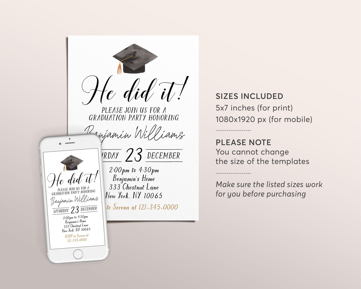 Graduation Invitation Editable Template, He did it Graduation Announcement Party Invite for Him, Minimalist Grad College High School Evite