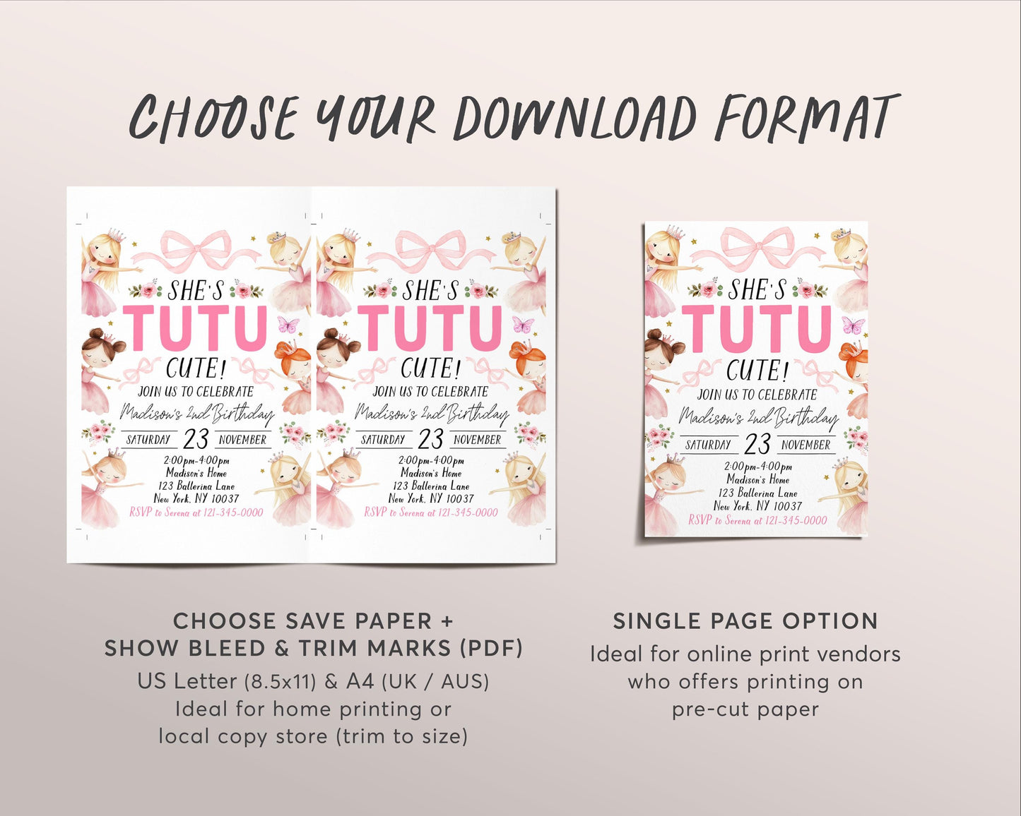 Tutu Cute 2nd Birthday Invitation Editable Template, Our Little Ballerina Second Birthday Invite, Pink Ballet Dance Floral Evite Printable
