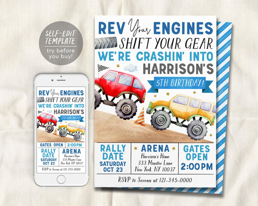 Monster Truck Birthday Invitation Editable Template