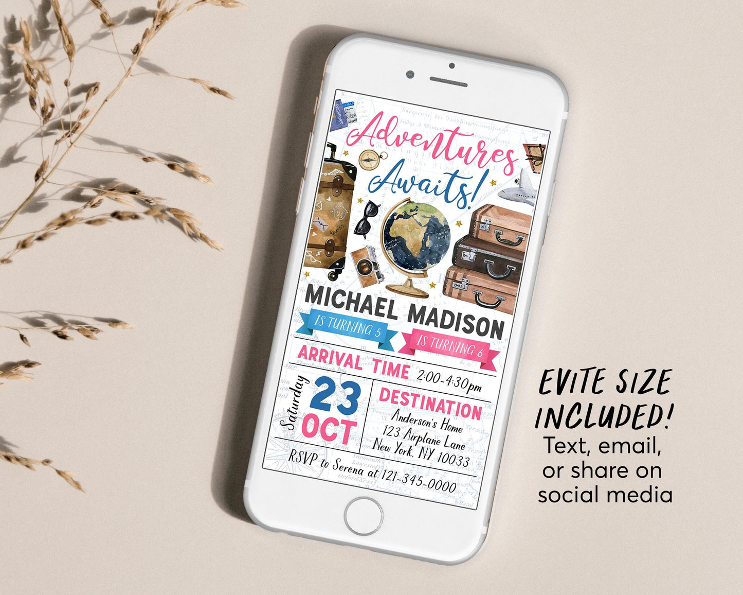 Adventure Awaits Travel Joint Siblings Birthday Invitation With Photo Editable Template, Twin Girl Boy Around the World Party Invite Evite