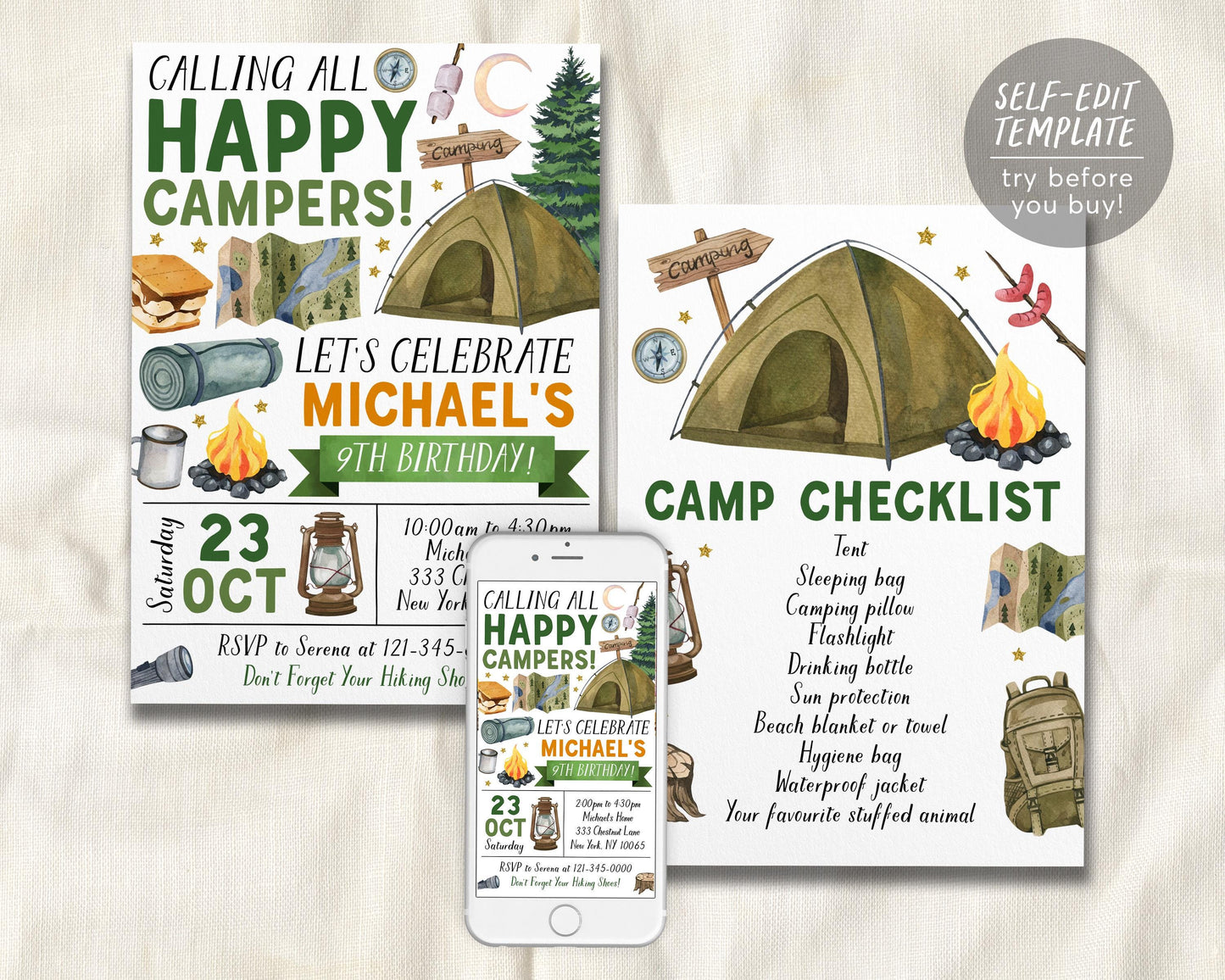 Camping Birthday Invitation Editable Template