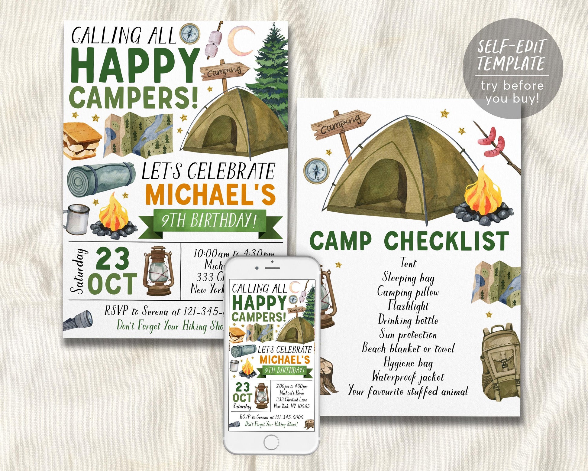 Camping Birthday Invitation Editable Template