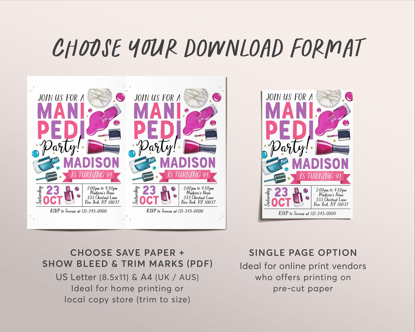 Mani Pedi Birthday Party Invitation Editable Template, Manicure Pedicure Spa Day Birthday Invite, Girl Pamper Party Glam Nail Salon Party