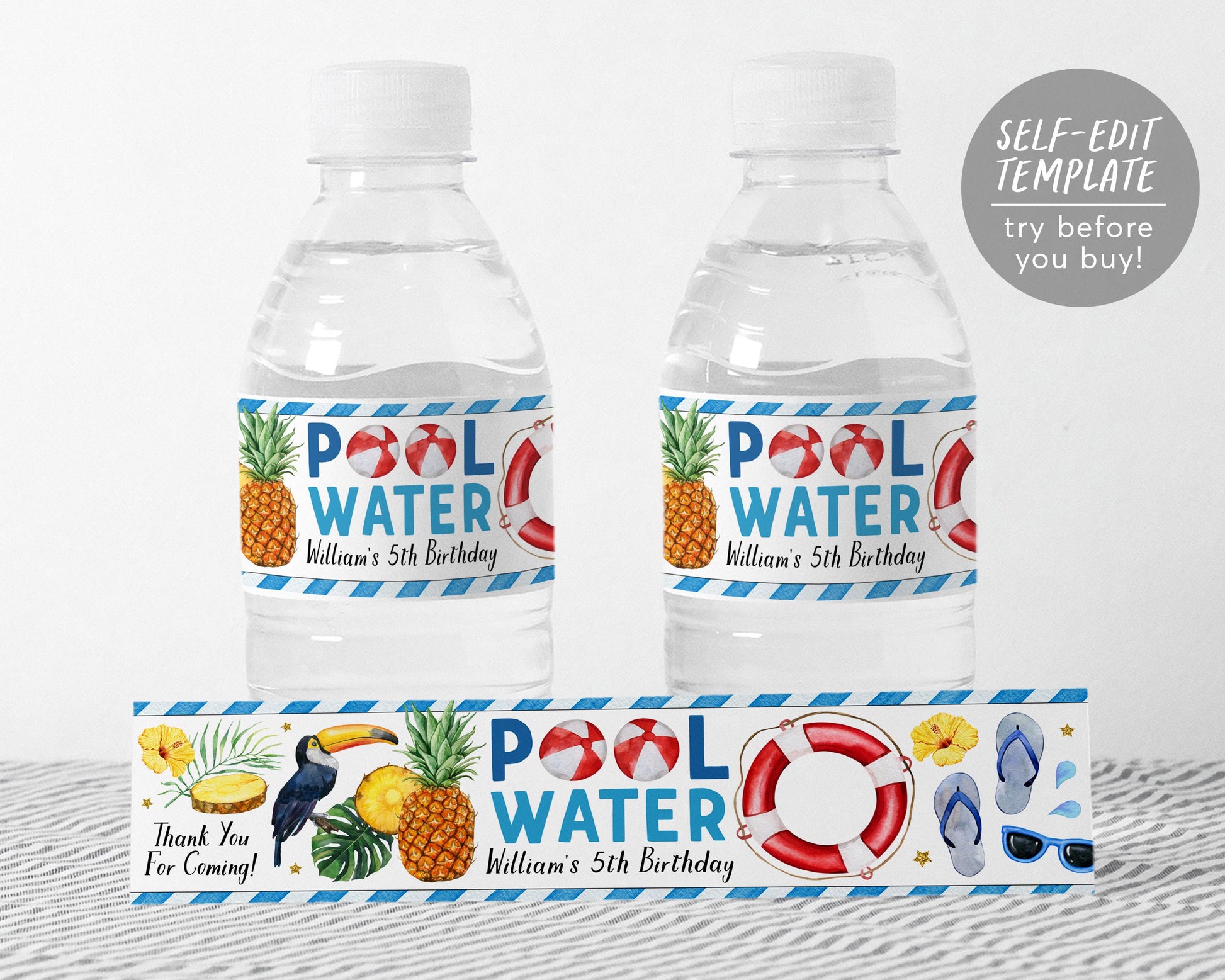 Aloha Tropical Pool Party Water Bottle Labels Editable Template