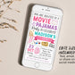 Movie and Pajamas Birthday Invitation Editable Template, Girl Slumber Party Popcorn Cinema Movie Ticket Invite, Sleepover Kids Party Evite
