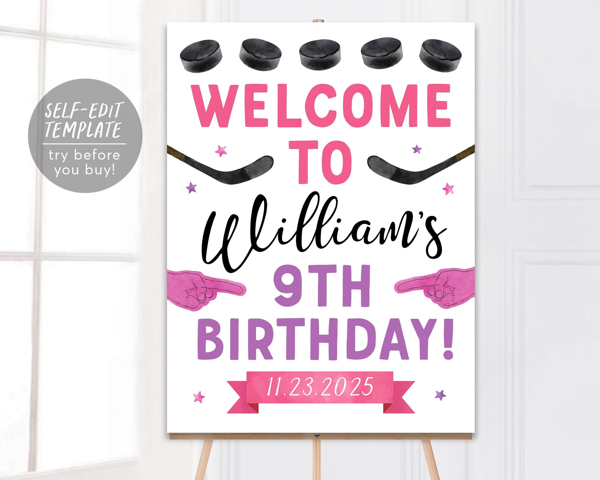 Ice Hockey Birthday Welcome Sign Editable Template