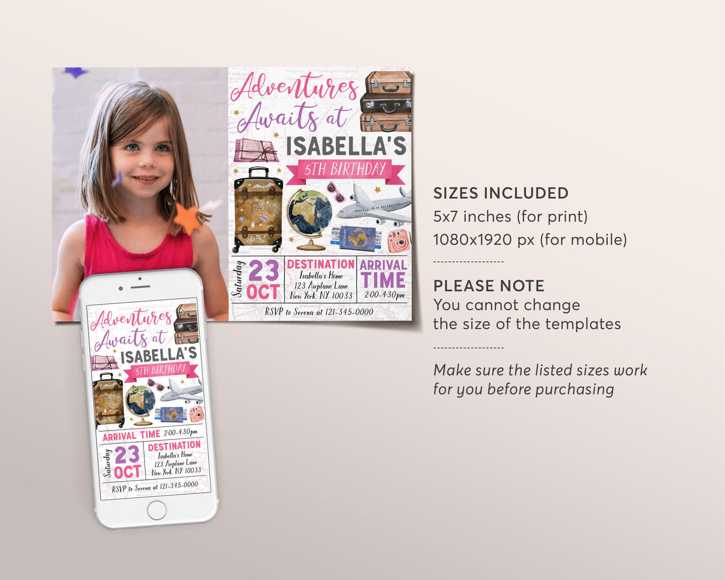 Adventure Awaits Travel Birthday Invitation With Photo Editable Template, Girl Around the World Party Invite, Vintage Map Passport Evite
