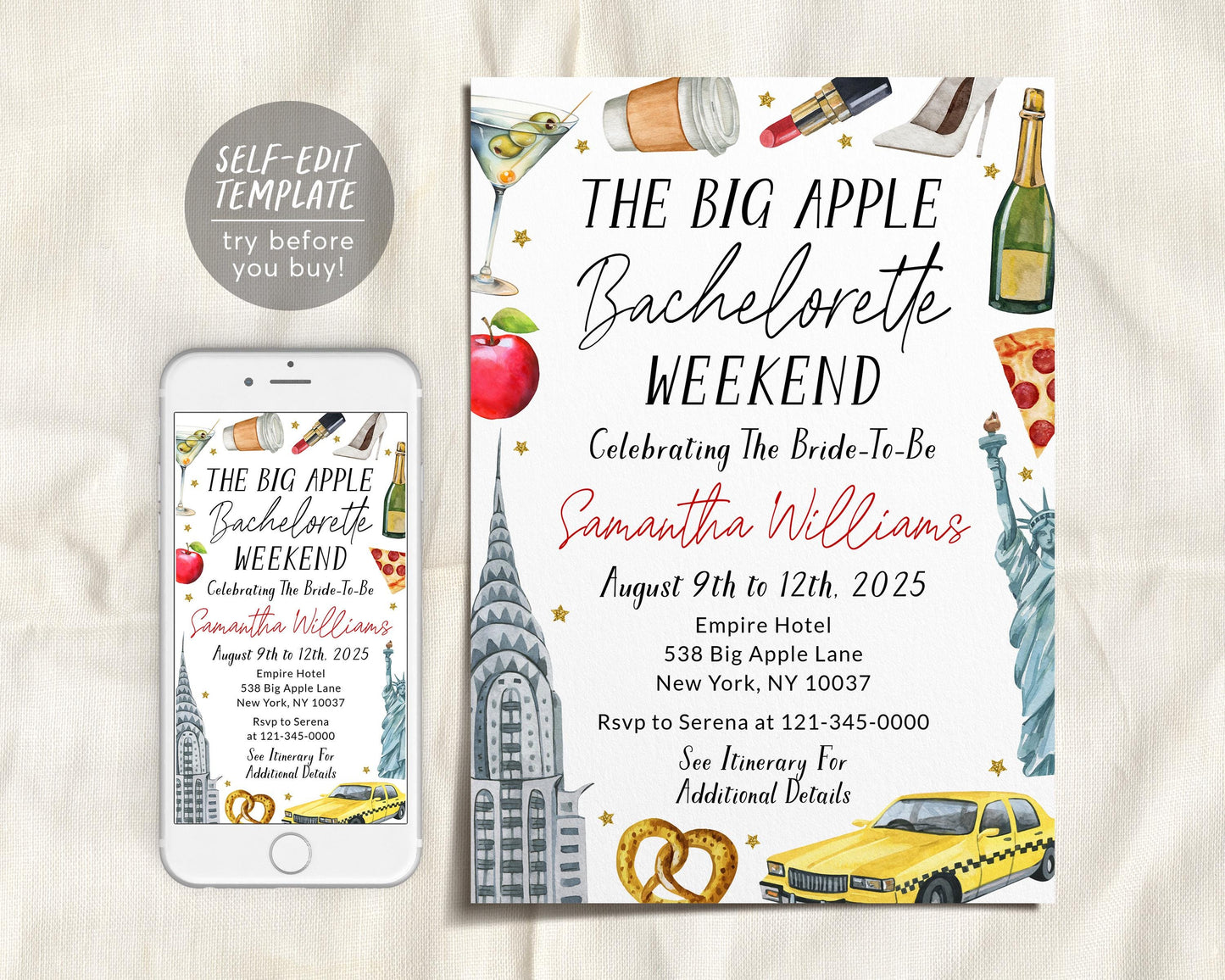 New York Bachelorette Itinerary And Invitation Editable Template, New York Travel Planner Invite, NYC Girls Night Out Weekend Schedule