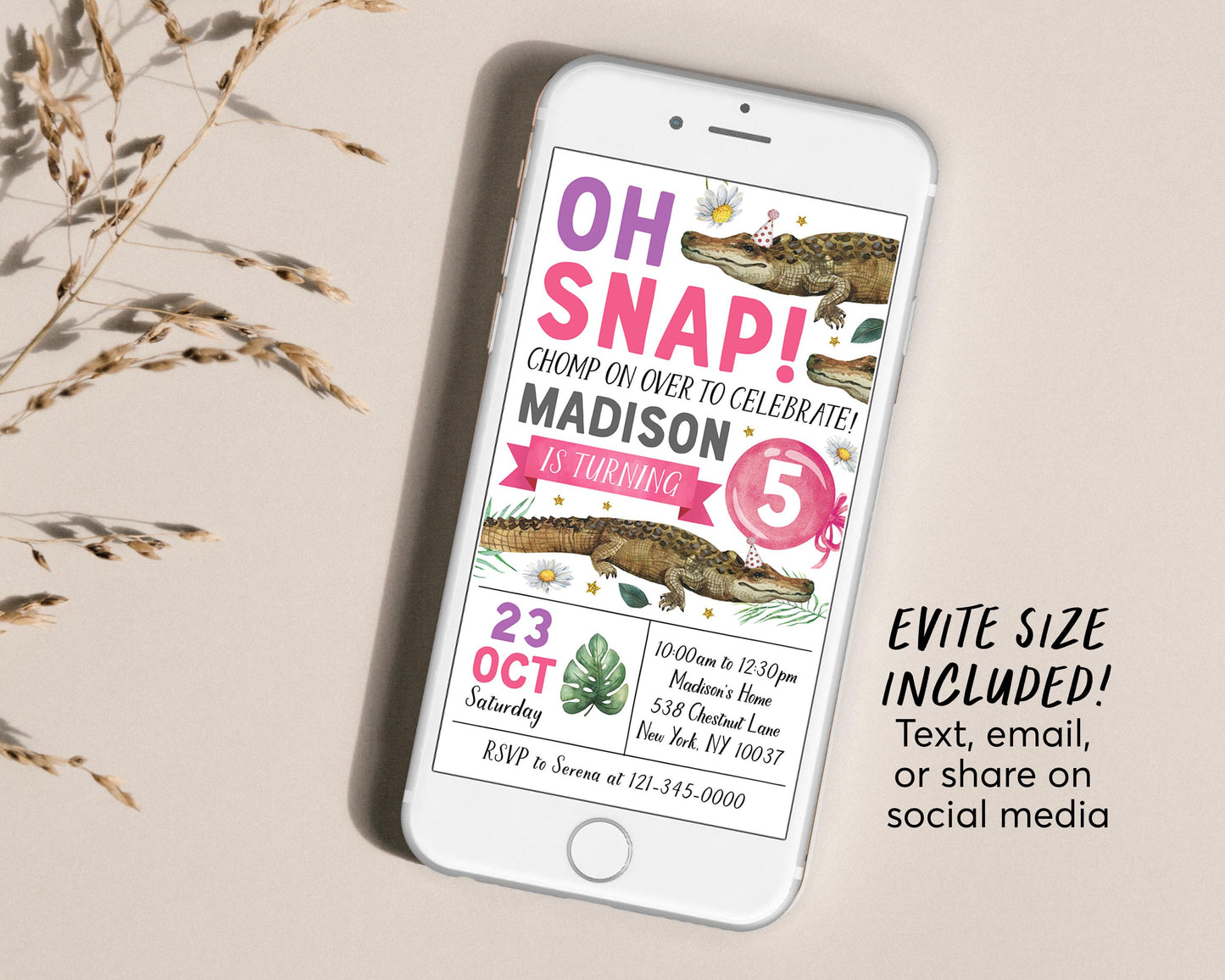 Crocodile Birthday Invitation Editable Template, Girl Oh Snap Crocodile Theme Party Invite, Floral Daisy Alligator Nature Chomp Chomp Evite