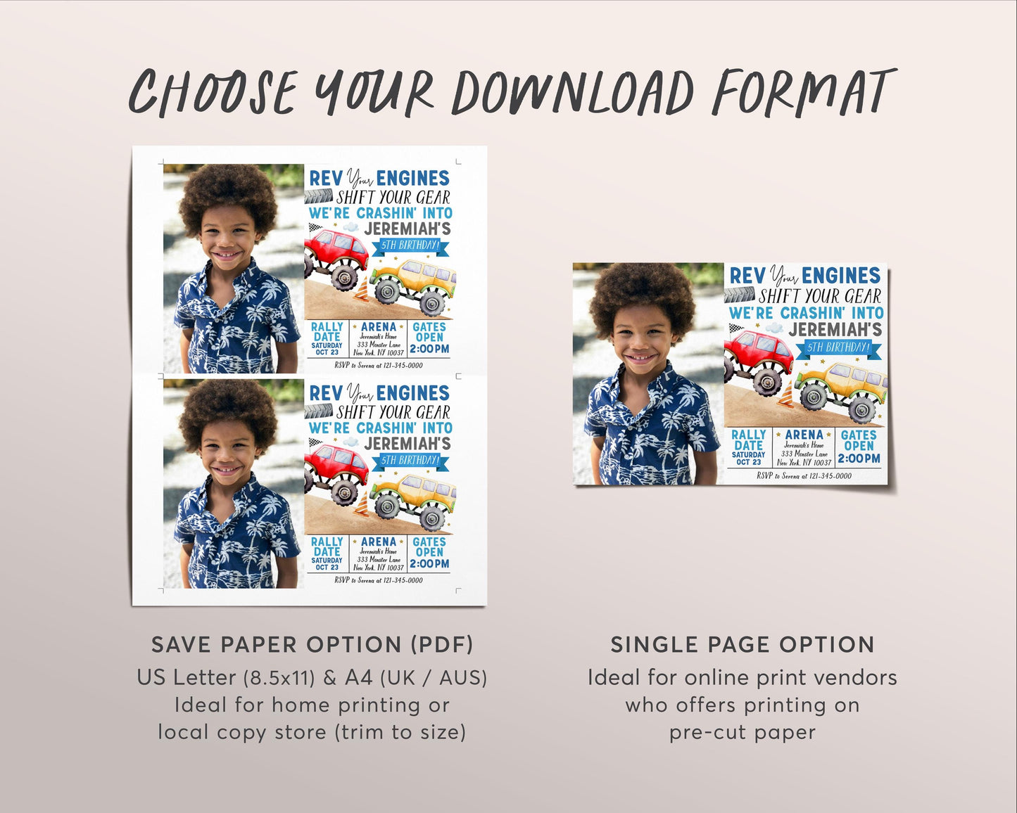 Monster Truck Birthday Invitation With Photo Editable Template, Monster Truck Rally Invite, Boy Rev Your Engines Shift Your Gear Party Evite