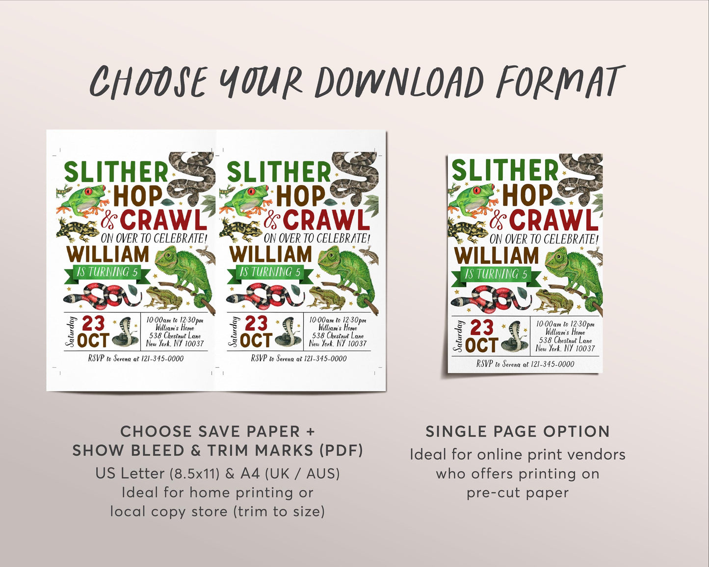 Reptile Birthday Invitation Editable Template, Boy Slither Hop Crawl Party Invite, Kids Reptiles Creepy Crawly Nature Theme Outdoor Evite
