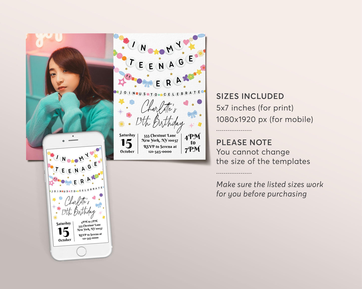 In My Teenage Era With Photo Invitation Editable Template, Friendship Bracelet Party Invite, Teen Thirteen 13th Girl Eras Music Party Evite
