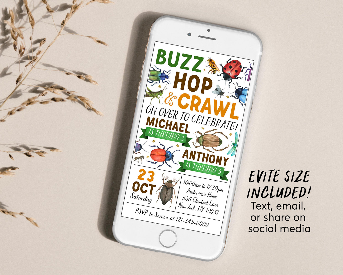 Insect Bugs Joint Siblings Birthday Invitation With Photo Editable Template, Twins Boy Brothers Buzz Hop Crawl Party Invite, Garden Evite