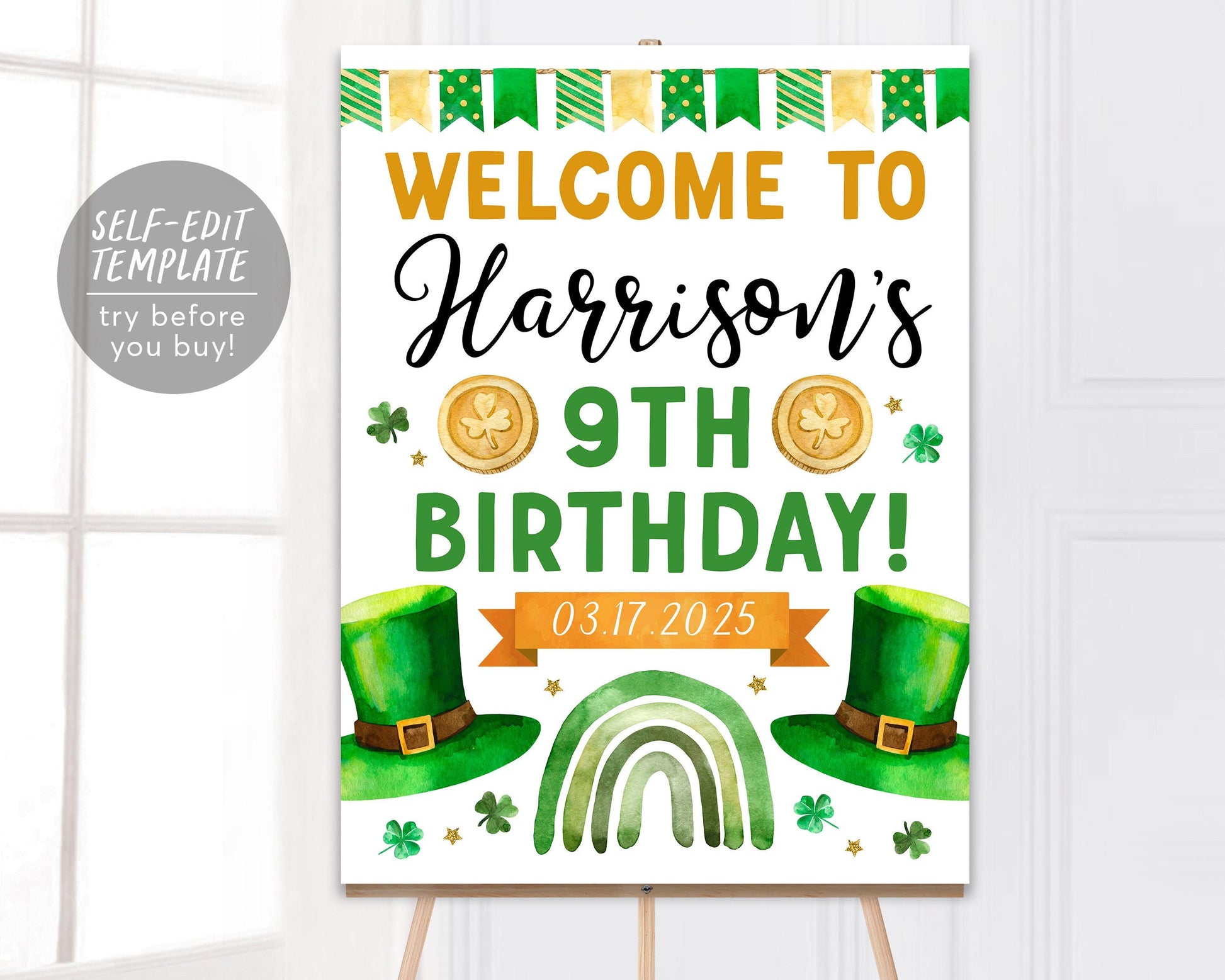 St Patrick&#39;s Day Birthday Welcome Sign Editable Template