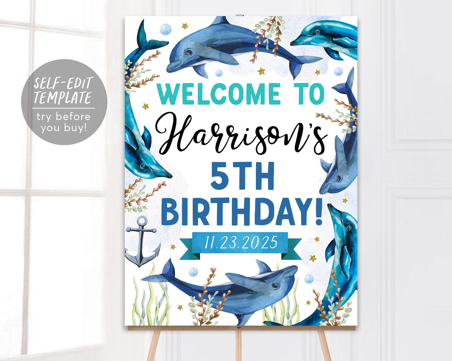 Dolphin Birthday Welcome Sign Editable Template