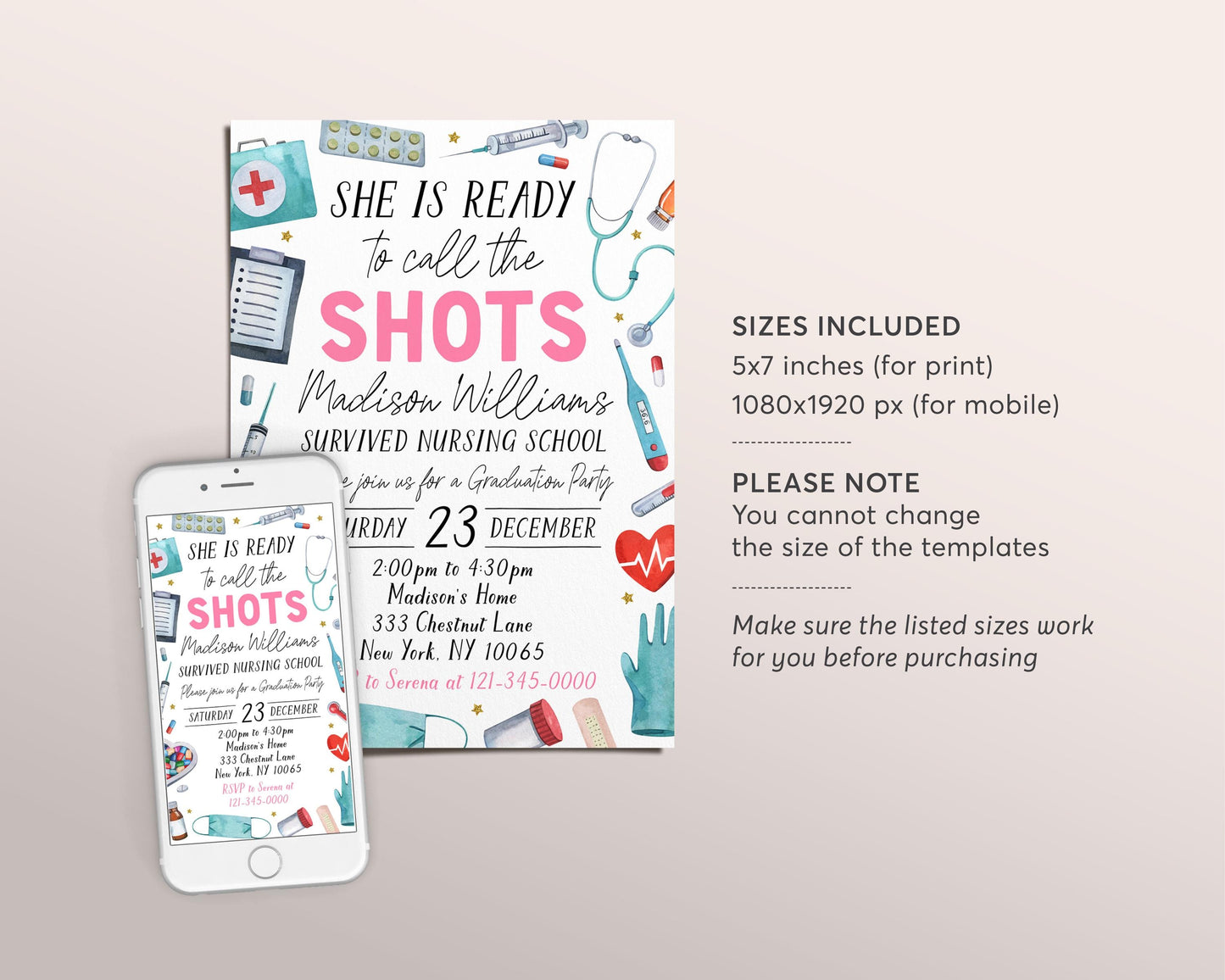 Nurse Graduation Invitation Editable Template, Nurse Graduation Announcement Party Invite, Nursing School Grad Ready to Call the Shots Evite