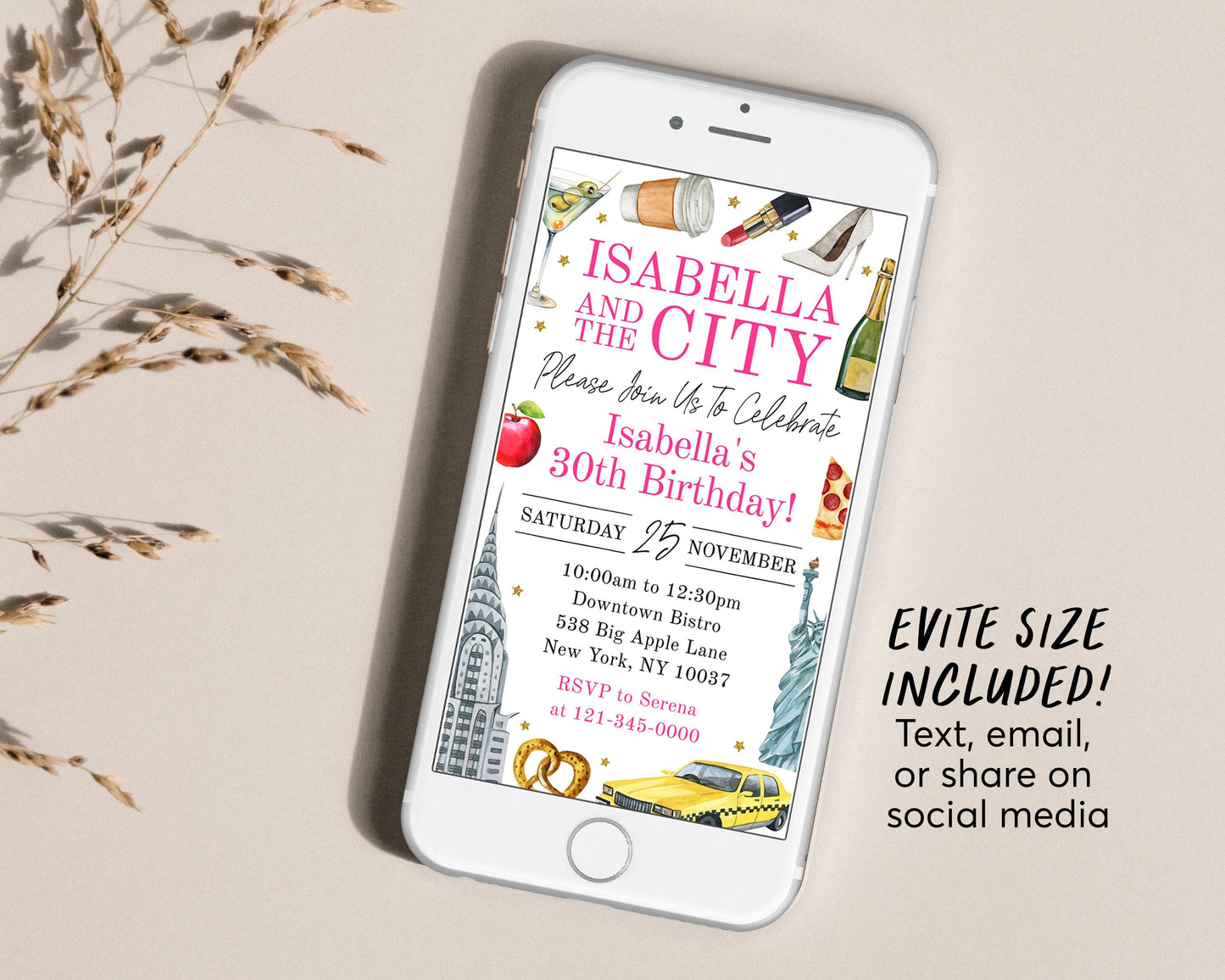 New York City Birthday Invitation Editable Template, And The City NYC Party Invite, Big Apple Adult Girls Night Out 30th Birthday Evite