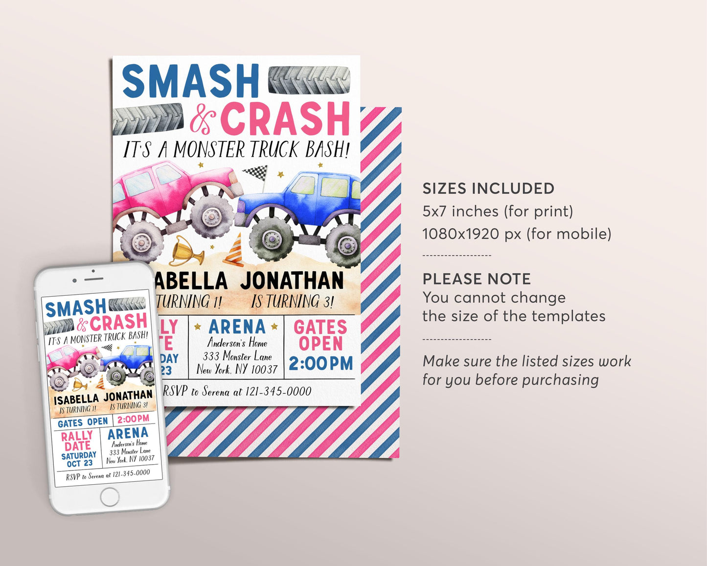 Monster Truck Joint Siblings Birthday Invitation Editable Template, Boy Girl Twins Smash And Crash Party Invite, Monster Truck Bash Evite