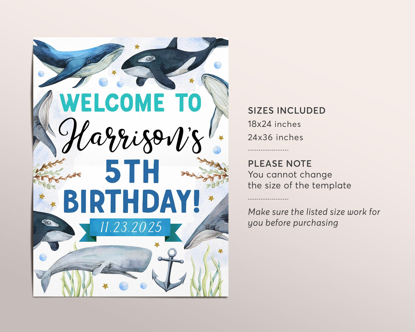 Whale Birthday Welcome Sign Editable Template, Boy Whale of a Good Time Underwater Party Poster, Under The Sea Ocean Aquarium Trip Sea Decor