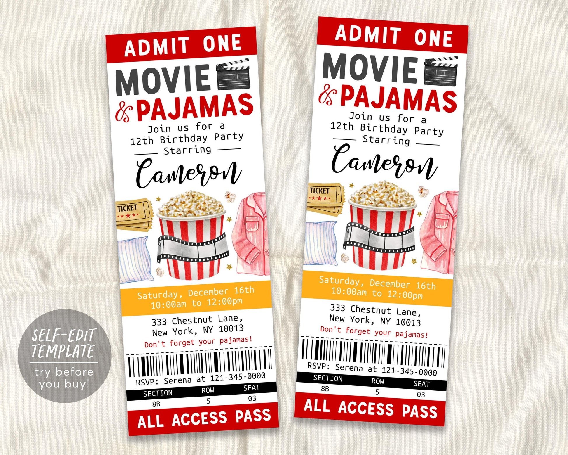 Movie and Pajamas Birthday Ticket Invitation Editable Template