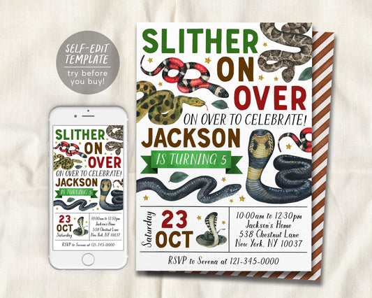Snake Birthday Invitation Editable Template, Boy Slither On Over Reptile Show Nature Theme Party Invite, Kids Snakes And Cake Outdoor Evite