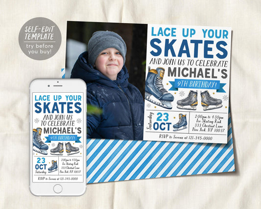 Ice Skating Birthday Invitation With Photo Editable Template