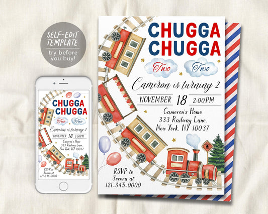 Chugga Chugga Two Two Train Birthday Invitation Editable Template
