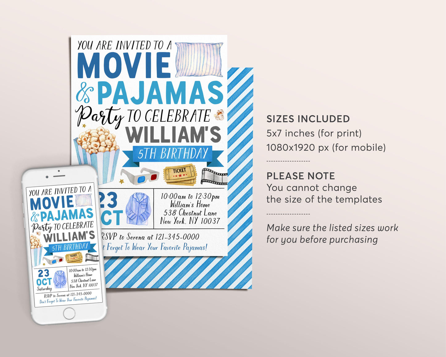 Movie and Pajamas Birthday Invitation Editable Template, Boy Slumber Party Popcorn Cinema Movie Ticket Invite, Sleepover Kids Party Evite