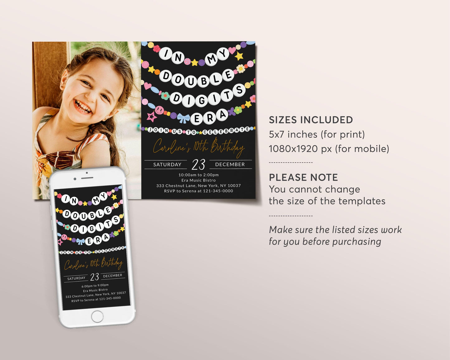 In My Double Digits Era Invitation With Photo Editable Template, Friendship Bracelet Party Invite, Tenth 10th Birthday Girl Eras Music Evite