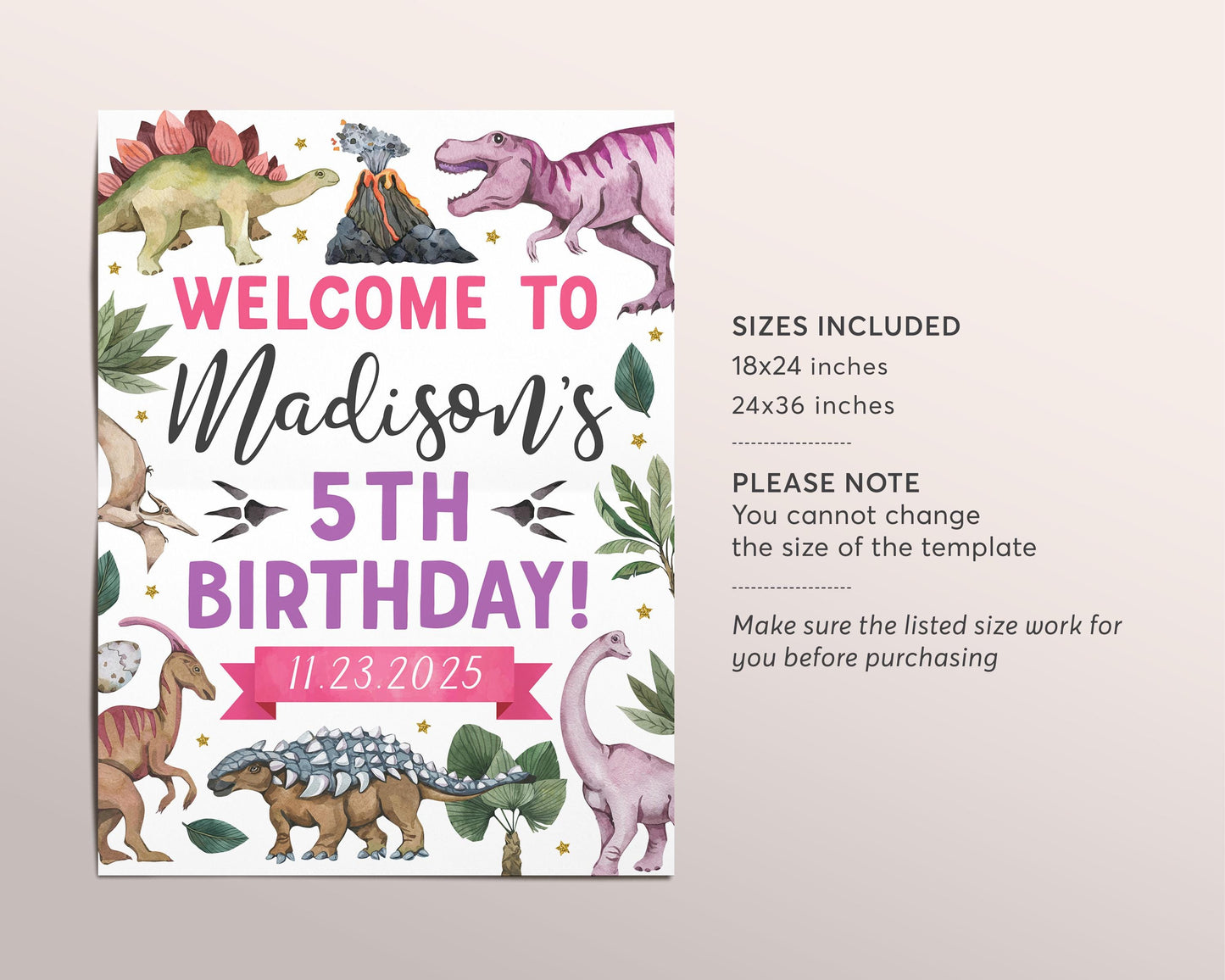 Dinosaur Birthday Party Welcome Sign Editable Template, Girl Dino Jurassic Party Poster, Dinosaur Tyrannosaurus T-Rex Board Banner Decor