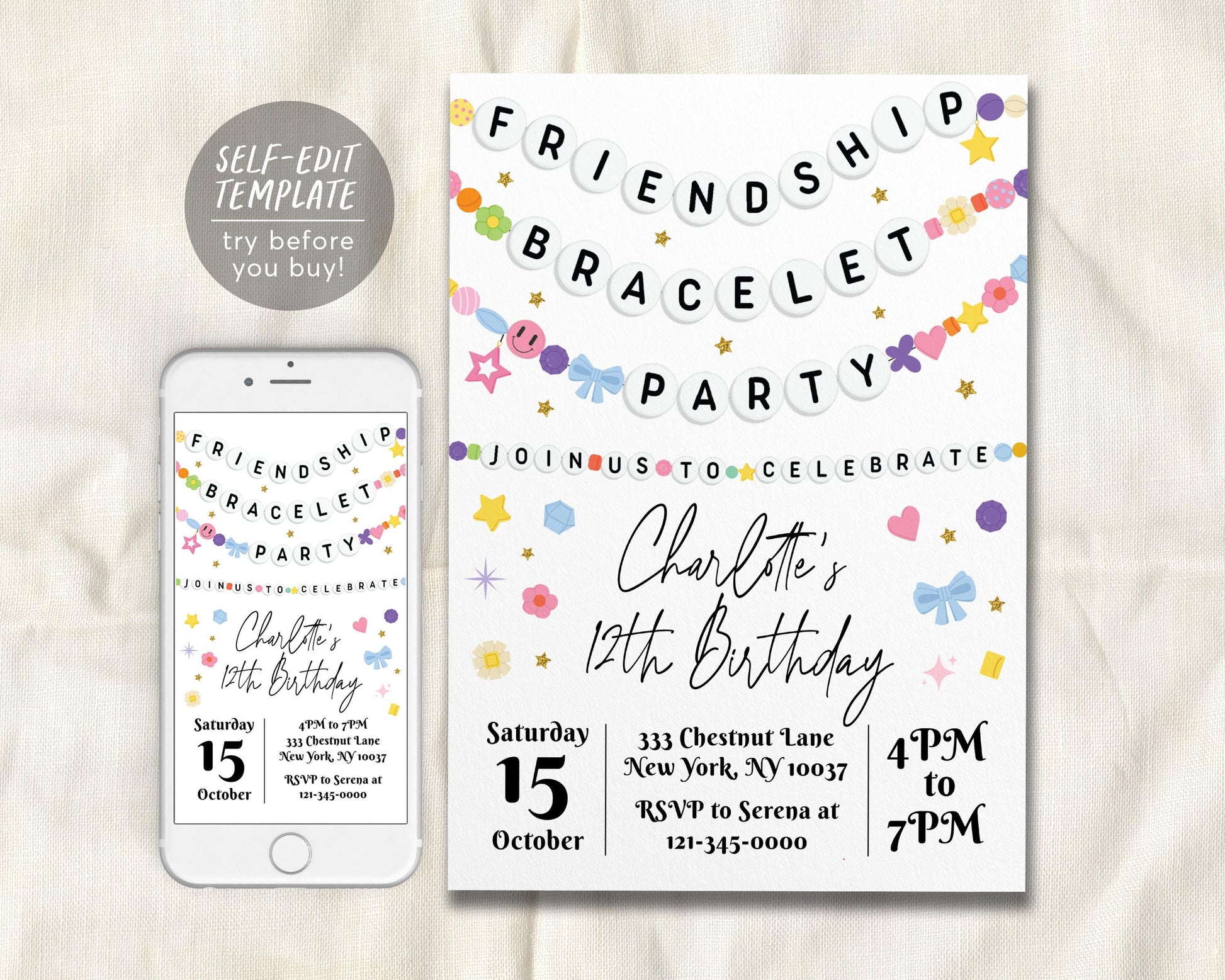 Friendship Bracelet Birthday Invitation Editable Template