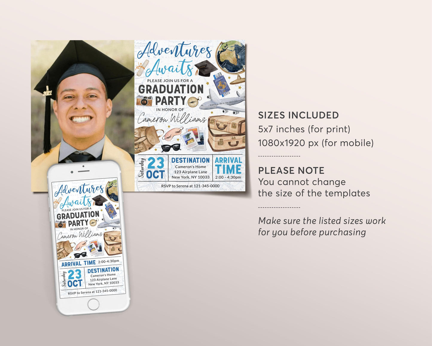 Farewell Graduation Invitation With Photo Editable Template, Travel Grad Announcement Party Invite, Around the World College Vintage Map