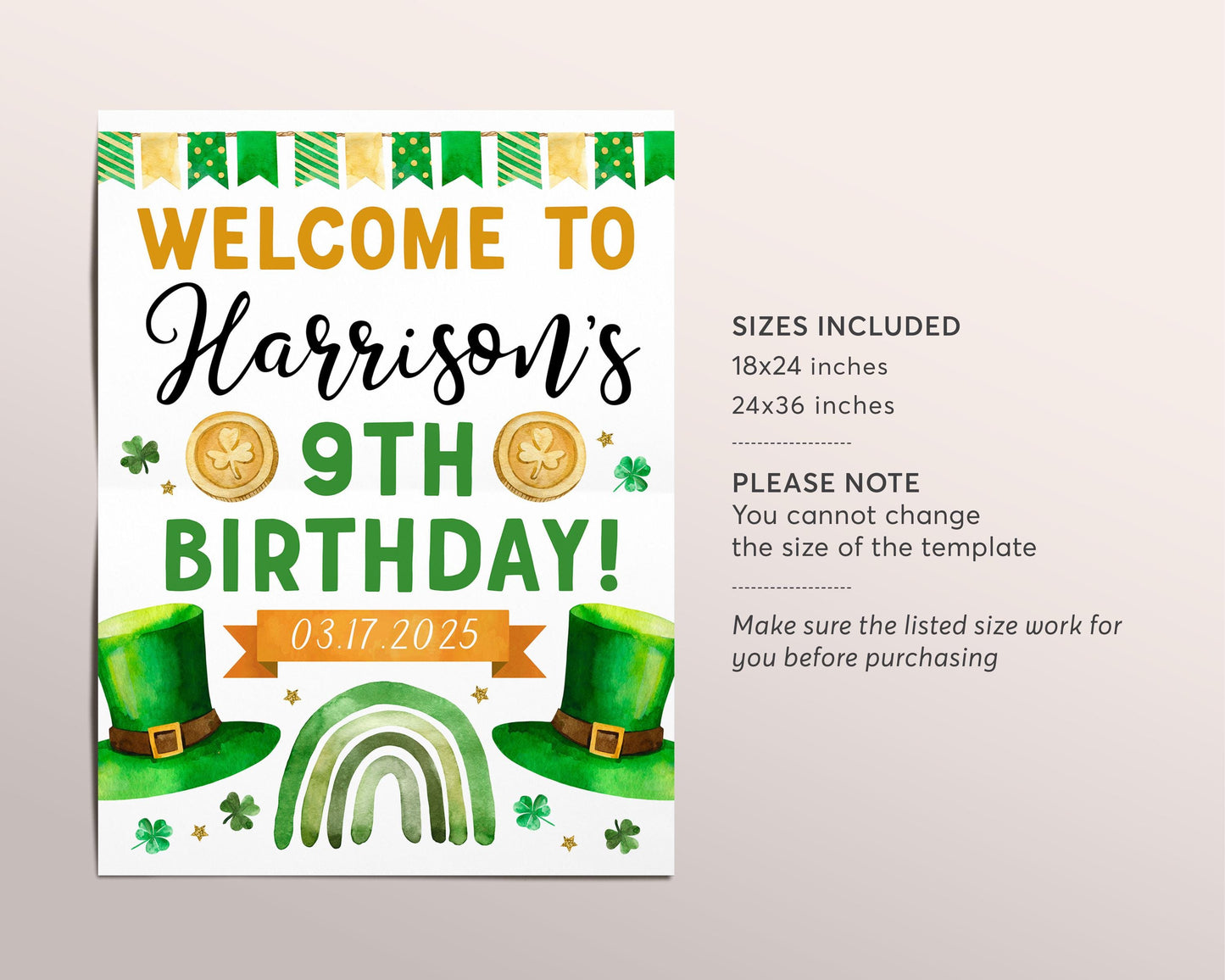 St Patrick's Day Birthday Welcome Sign Editable Template, Rainbows Shamrock Birthday Party Poster, St Patty's Day Lucky Charm Irish Sign