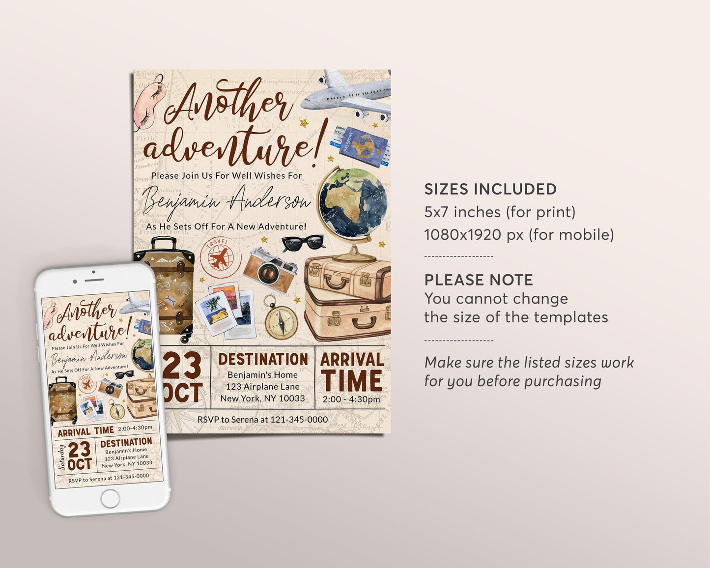 Going Away Farewell Moving Invitation Editable Template, Moving Away Goodbye Party Invite, Another Adventure Travel Around the World Evite