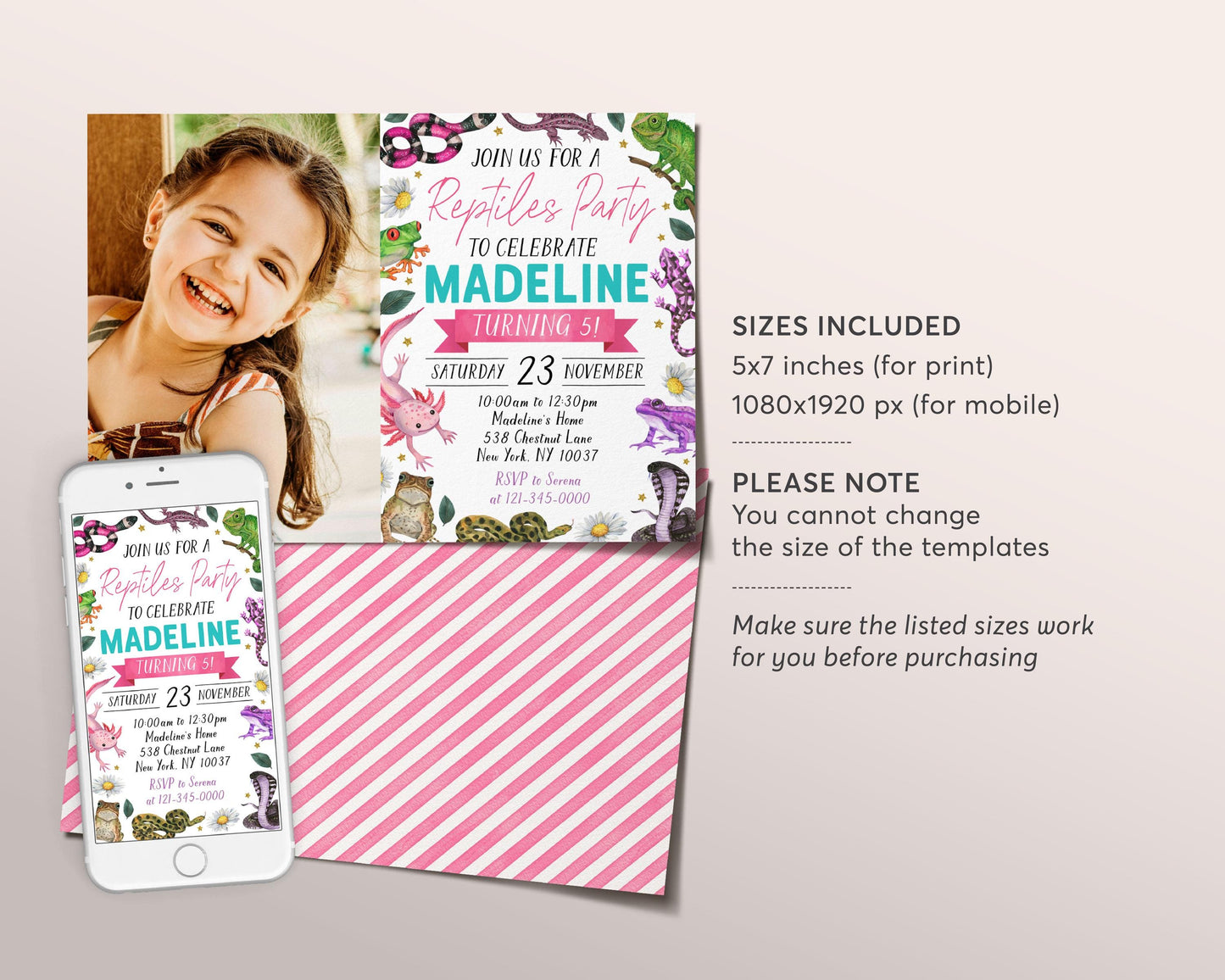 Reptiles Birthday Invitation With Photo Editable Template, Girl Reptile Nature Theme Party Invite, Kids Snake Lizard Frog Outdoor Evite