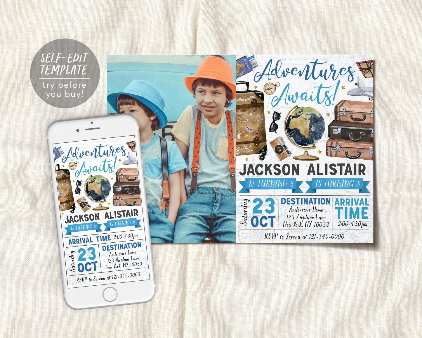 Adventure Awaits Travel Joint Siblings Birthday Invitation With Photo Editable Template,