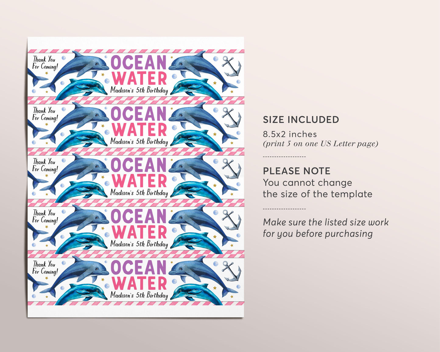 Dolphin Water Bottle Labels Editable Template, Girl Ocean Water Under The Sea Birthday Party Drink Wrapper Tags, Dolphin Water Bottle Wraps