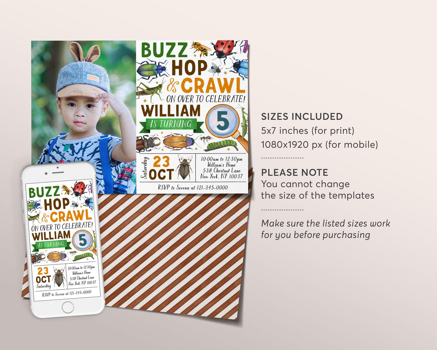 Insect Bugs Birthday Invitation With Photo Editable Template, Boy Buzz Hop Crawl Party Invite, Kids Bugging Out Beetle Bug Hunt Garden Evite