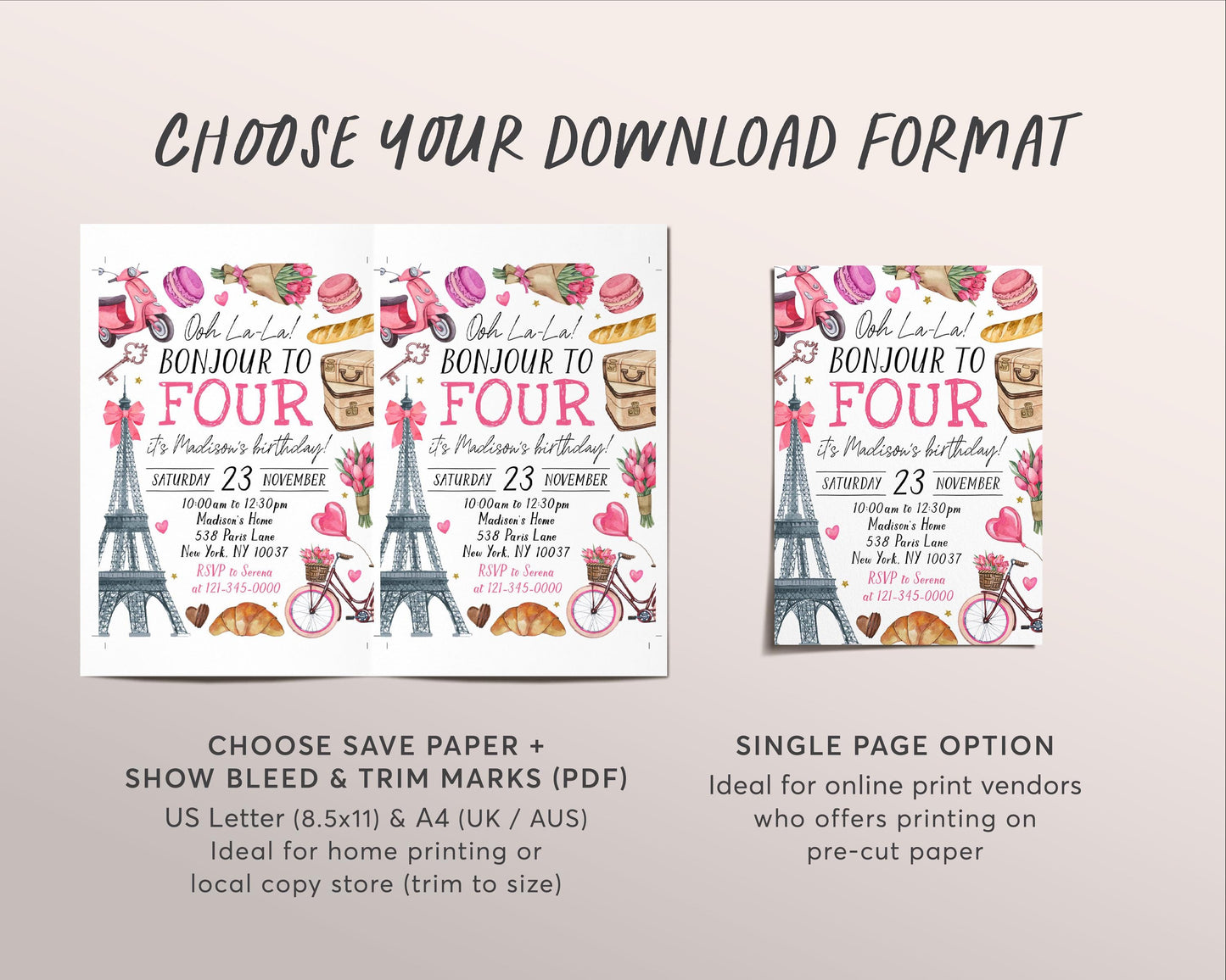 Paris Theme 4th Fourth Birthday Invitation Editable Template, Bonjour To Four Eiffel Tower Party Invite, Oh La La French Parisian Evite