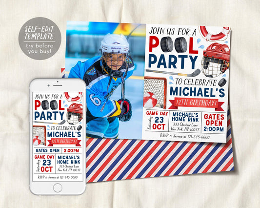 Hockey Pool Party Birthday Invitation With Photo Editable Template