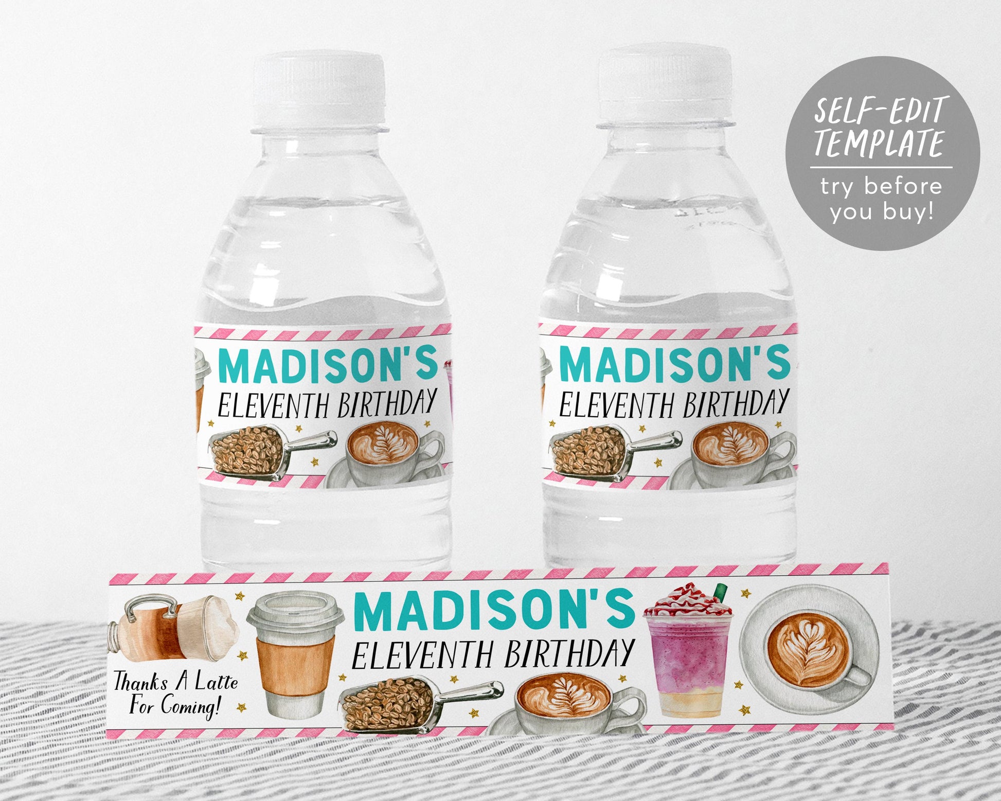 Coffee Shop Water Bottle Labels Editable Template