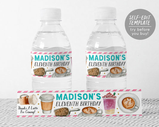 Coffee Shop Water Bottle Labels Editable Template