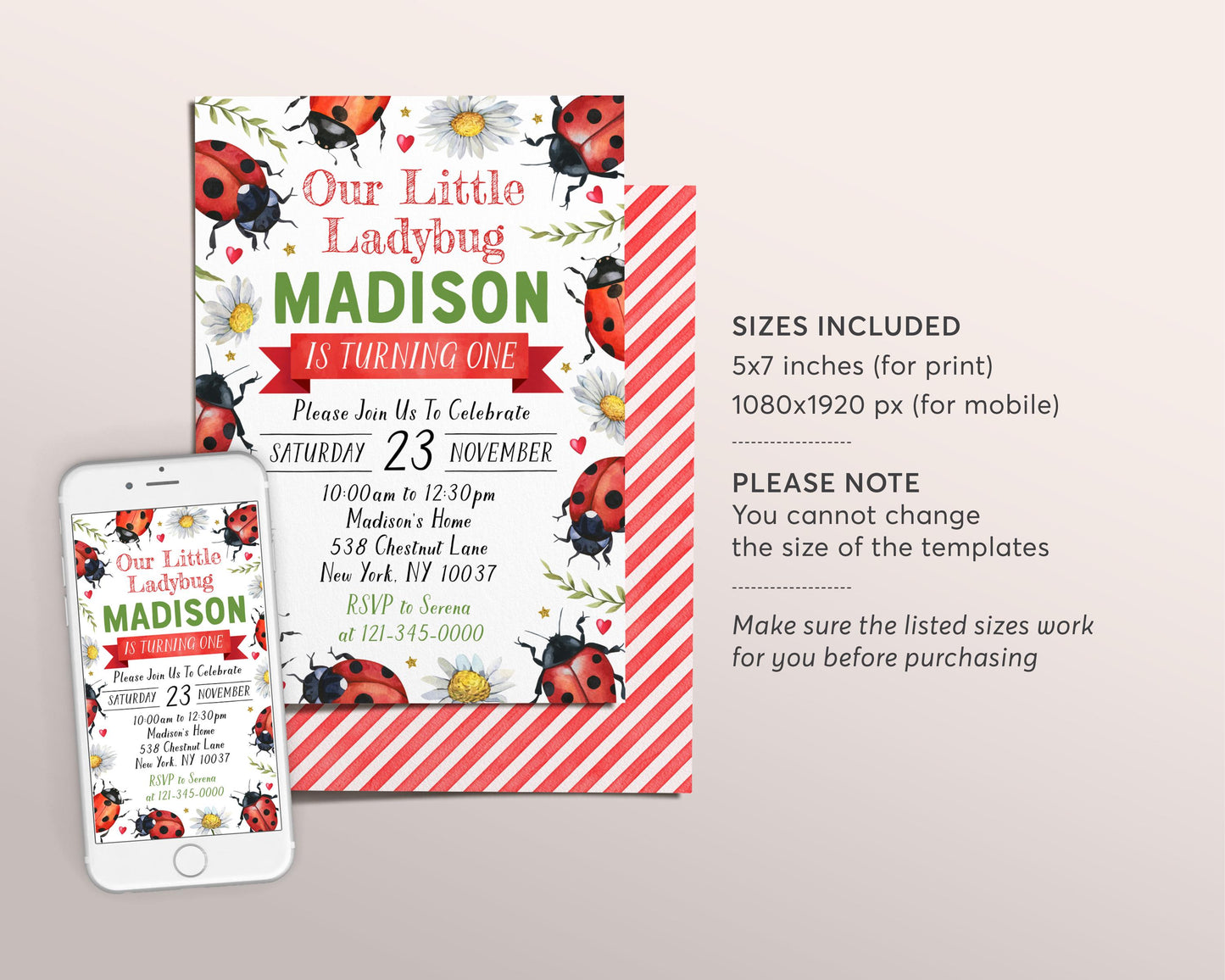 Ladybug Birthday Invitation Editable Template, Girl Our Little Lady Party Invite, Kids Love Bug Hunt Garden Nature Theme Lady Bug Evite