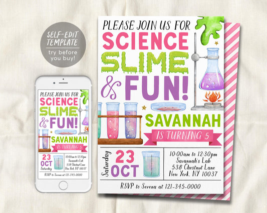 Science Slime Birthday Invitation Editable Template