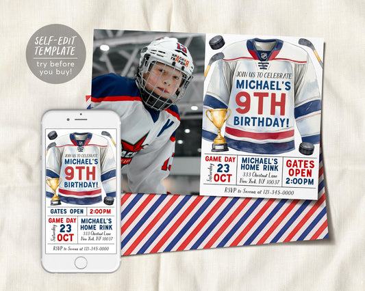 Hockey Birthday Invitation With Photo Editable Template