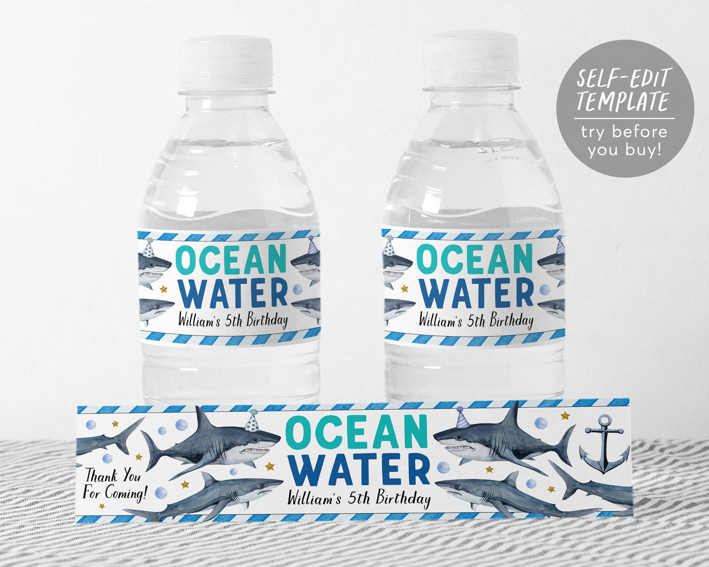 Shark Water Bottle Labels Editable Template