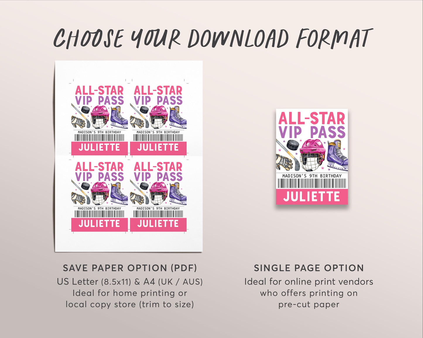 Ice Hockey Birthday All Star VIP Pass Editable Template, Girl Ice Skating Rink Hockey Party All Access Pass, Guest Name Tag Insert ID Badge